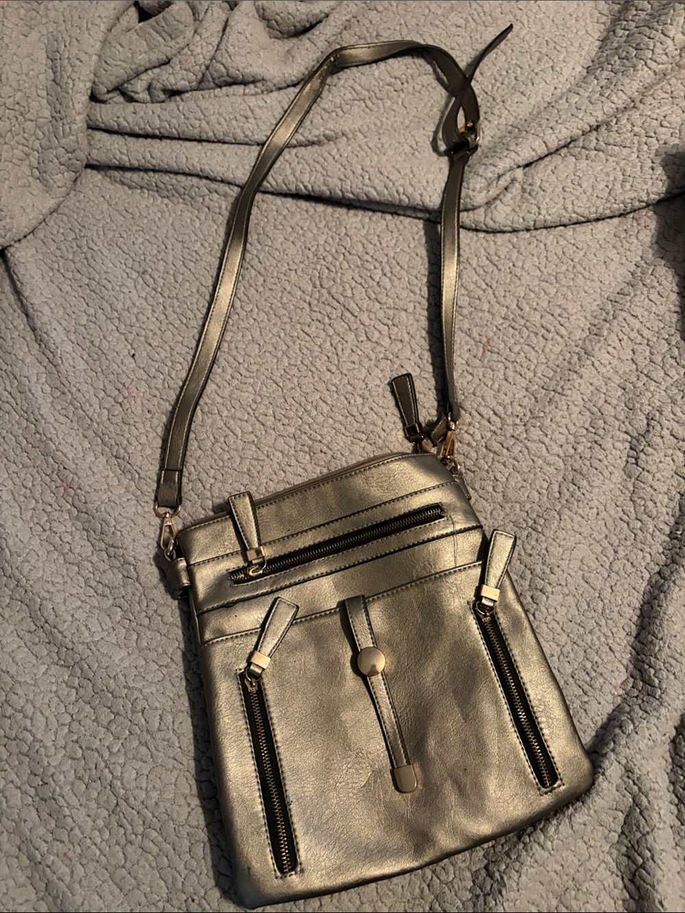 Metallic Black Crossbody Bag with Gold Hardware